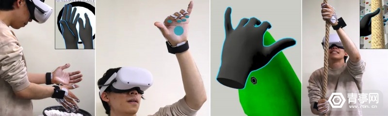 a-series-of-four-images-showing-a-user-wearing-a-vr-headset-grasping-different-real-and-virtual-objects